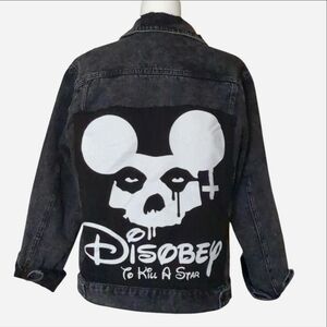 🔥 RARE Disney "DISOBEY" Custom Denim Jacket Grunge/Punk Aesthetic S